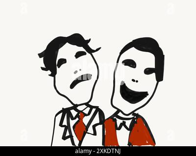 Comedy und Tragödie weiße Theatermasken. Glückliche und traurige Maske. Symbol für Drama und Komödie. Stockfoto