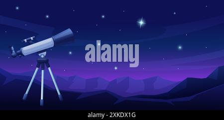 Teleskop-Zeichentrick. Beobachtung von Sternen und Planeten in der Galaxie. Kinder-Hobby, Astronomie Wissenschaft und Weltraumforschung von der Erde, heute Vektor Stock Vektor