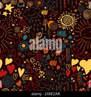 Lustiges, farbenfrohes, nahtloses Muster mit Linienmuster. Kreative abstrakte Kunst dunkler Hintergrund. Handzeichnung. Nicht AI, Vektorillustration Stock Vektor