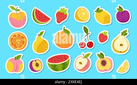 Zeichentrickset mit Aufklebern für Früchte oder Beeren. In Scheiben geschnittene Zitrusfrüchte, Zitrusorange, Apfel, Birne, Wassermelonen-Pfirsichfrüchte, trendiges Klebeband. Saftige Erdbeere, Pflaume, Kirschkinder Clipart gezeichnet. Vektordesign für Druck Stock Vektor