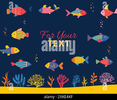 Unterwasserfische abstraktes Zeichentrickbanner. Ozean Korallenriff, Marine oder Aquarium Meeresalgen kindlicher Hintergrund. Abstraktes Poster mit exotischem, naivem Design. Unterwasser-Meereslandschaft-Mockup-Karte, Vektor-Illustration Stock Vektor