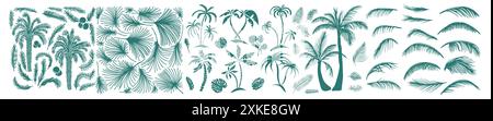 Zeichnen Sie tropische Palmen. Handgezeichnete Vintage Hawaii Strandpalmen, Set von Palmen und Palmblättern. Handzeichnung. Nicht AI, Vektorillustration. Stock Vektor