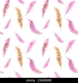 Rosa und beige Federn nahtloses Aquarellmuster auf weißem Hintergrund. Handgezeichnete Abbildung. Kann für Stoff-, Textil- und Verpackungsdrucke verwendet werden Stockfoto