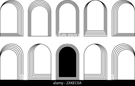 Konzentrische Bogenrahmen isoliert auf weißem Hintergrund. Kollektion geometrischer Bogenformen im trendigen Boho- oder Art déco-Stil. Türen oder Tore, Fenster oder Portalrahmen. Vektorgrafik. Stock Vektor