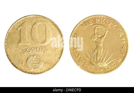 Isoliertes Foto von 10 ungarischen 1986 Forint Aluminium-Bronze-Münze der Volksrepublik 1946-1989 auf weißem Hintergrund. Stockfoto