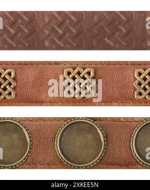 Nahtloses isoliertes Foto von geprägt und dekoriert mit bronzenen keltischen Ornamenten, braunen Ledergürteln auf weißem Hintergrund. Stockfoto