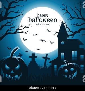 Happy Halloween Hintergrund. Nächtlicher Blick auf das Spukhaus mit Vollmond, fliegenden Fledermäusen, Grabsteinen und beängstigenden Kürbissen Stock Vektor