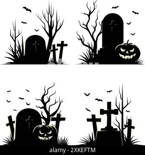 Happy Halloween Schild oder Abzeichen Vektor Silhouette. Friedhof mit Grabsteinen, fliegenden Fledermäusen, Bäumen und gruseligen Kürbissen Stock Vektor