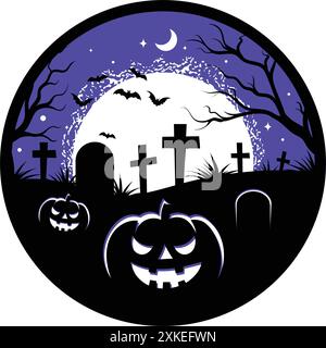 Happy Halloween Aufkleber oder Abzeichen, lila Nachtfriedhof Landschaft mit Bäumen, Grabsteinen und gruseligen Kürbissen Stock Vektor