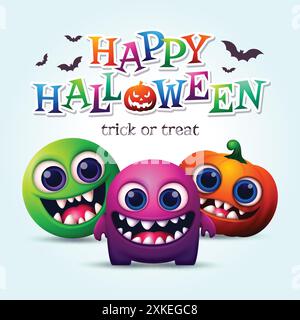 Fröhlicher Halloween-Hintergrund mit lustiger 3D-Zeichentrickmonster-Illustration Stock Vektor