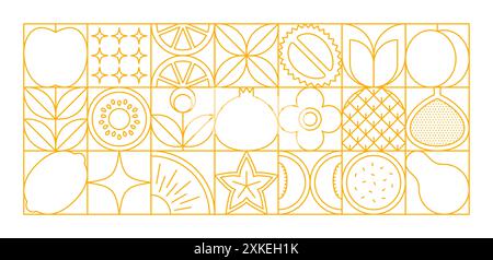 Frucht Linie modernes geometrisches Muster Hintergrund mit Beerenfutter und abstrakten Sternformen. Quadratische Fliesen mit umrissenem Apfel, Orange, Ananas, Zitrone und Stock Vektor