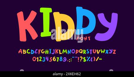Lustige süße Schriftart, kindliche Schriftart, Spielschriftart. Zeichentrickfilm Kinder englische Alphabet Vektor Typografie, funky bold bunte Buchstaben und Zahlen Schriftart. Stock Vektor