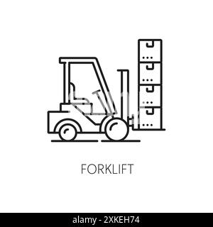 Symbol für die Logistiklinie des Gabelstaplers. Lieferkette, Lieferung und Lagerung, Frachtdienst. Isoliertes einfarbiges Vektorumrisszeichen des Laderwagens, tragend Pil Stock Vektor