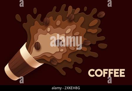 Papier geschnittene Kaffeetasse mit Spritzer und Kaffeebohnen für Getränk Werbeplakat, Vektorhintergrund. Kaffee- und Milchspritzer in Papierschichten für espr Stock Vektor