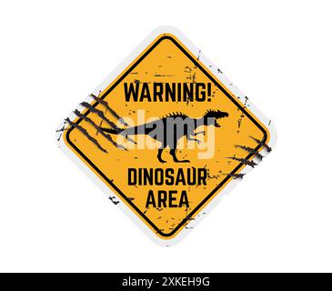 Dinosaurier-Warnschild Vector grungy gelb und schwarz rautenförmige Banner mit brüllender Spinosaurus-Silhouette und Krallenmarkierungen. Distress cau Stock Vektor