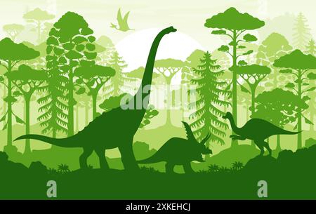 Prähistorische Landschaft, Silhouetten von Dinosauriern im tropischen Dschungel. Vektor-Schattenszene des Jura mit Dino-Tieren und antike Flora mit t Stock Vektor