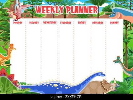 Wochenkalender, Cartoon-Dinosaurier. Vektor-Bildung Zeitplan Vorlage mit lustigen Dino Tier Charaktere in Dschungelwald Landschaft. Schule l Stock Vektor