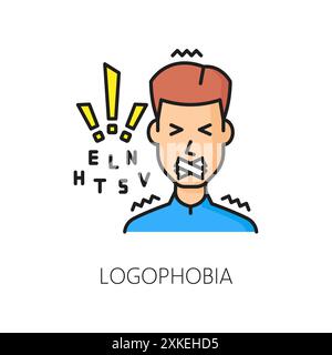 Phobie Logophobie, Sprachangst und Angst vor öffentlichem Sprechen, Vektorlinien-Symbol. Psychologisches Problem und psychische Störung, Umrissfarbsymbol o Stock Vektor