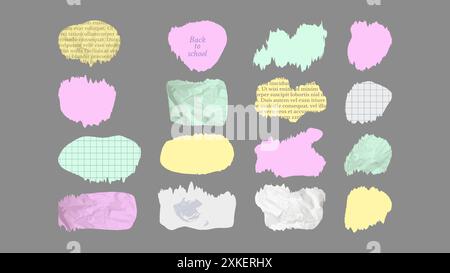 Papier und Elemente Scrapbooking Alt zerrissen zerknittert. Verschiedene Farbtexturen Muster zerrissene Kanten Imitation von Zeitungsresten. Vektorabbildung. Stock Vektor