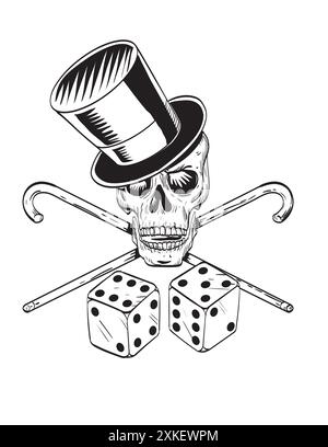 Comics-Zeichnung oder Illustration eines Totenkopfes mit Hut, gekreuztem Stock und Würfelpaar, von vorne auf isoliertem Hintergrund, erstellt in b Stock Vektor