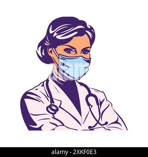 Die weibliche Ärztin trägt eine Maskenvektor-Illustration Stock Vektor