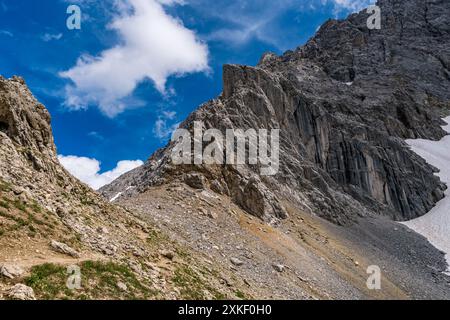 Panoramatour in Ehrwald über das Tajatorl zum Drachensee, Coburger Hütte und Seebensee in der Tiroler Zugspitz Arena Stockfoto