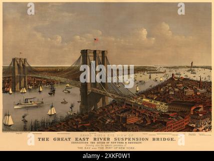 New York, New York 1892 Eine großartige Vogelperspektive auf die Great East River Hängebrücke, die die Städte New York und Brooklyn verbindet und auch das herrliche Panorama der Bucht und des Hafens von New York zeigt. Stockfoto
