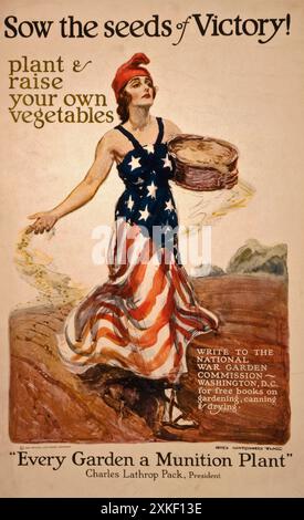 USA, 1918 Ein Poster aus dem Ersten Weltkrieg mit dem Titel: "Säen Sie die Samen des Sieges! Pflanzen und züchten Sie Ihr eigenes Gemüse“ und werben Sie für Victory Gardens als eine Möglichkeit, die Kriegsanstrengungen zu unterstützen, indem Sie Lebensmittel zu Hause produzieren. Er wurde von James Montgomery Flagg entworfen. Stockfoto