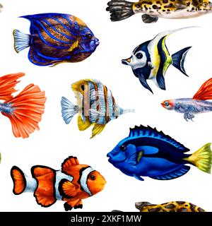 Nahtloses Muster mit farbenfrohen tropischen Fischen. Unterwasserwelt, Reisen, Tauchen und Schnorcheln sind exotische Orte. Illustrationen für Textil Stockfoto