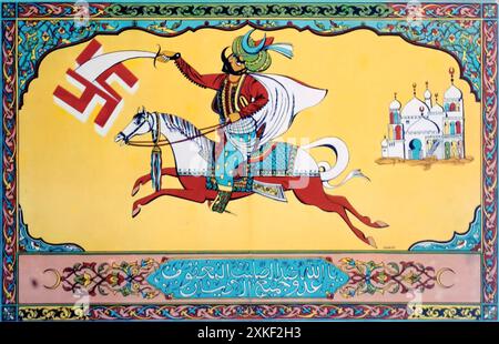 Französisches algerisches Anti-Nazi-Poster, das im Juni 1943 in Algier in Ausgabe 1 der Zeitschrift an Nasr („Triumph“) veröffentlicht wurde, das Saladin (Salah al-DIN) zu Pferd repräsentiert und ein Nazi-Hakenkreuz mit seinem Schwert in zwei Teile schneidet. Der arabische Text lautet: يا الله ضد الصليب المعقوف عدو جميع الاديان, was bedeutet: "Oh Allah, gegen dieses Hakenkreuz, Feind aller Religionen". Stockfoto