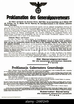 Deutsches Plakat, das die Schaffung eines Generalgouvernements durch Nazi-Deutschland aus einem Teil des besetzten Polens verkündet. Polen , Oktober 1939. Stockfoto