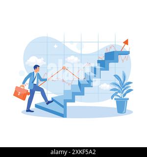 Ein männlicher Geschäftsmann geht die Treppe hoch und trägt eine Bürotasche. Karriereentwicklungskonzept. Trend Moderne Vektor-flache Illustration Stock Vektor