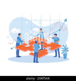Geschäftsleute halten eine Tagung im Konferenzraum ab. Setzen Sie das Puzzle zusammen. Konzept für Mitarbeiterbildung. Trend Moderne Vektor-flache Illustration Stock Vektor