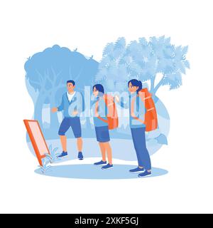 Zwei weibliche Touristen mit Rucksäcken auf dem Rücken und Smartphones. Machen Sie eine Tour durch den Wald mit einem Reiseleiter. Konzept des Touristenführers. Trend Modern Stock Vektor