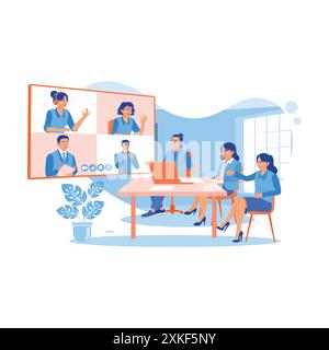 Eine multikulturelle Gruppe von Mitarbeitern arbeitet in einem Unternehmen. Online-Videokonferenz über Bildschirm. Besprechen Sie das Informationskonzept. Trend moderner Vektor-Flachillus Stock Vektor