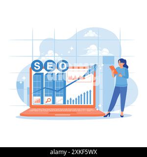 Geschäftsfrauen fördern Ranking-Traffic auf der Website. Nutzung von digitalen Tablets und Laptops zur Optimierung von Websites. SEO-Konzept. Trend Moderne Vektor flach il Stock Vektor
