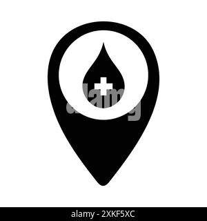 Schwarzes Symbol für den Standort des Krankenhauses. Kartenzeiger-Symbol. Vektorabbildung. Schwarze Farbe für den Standort des Krankenhauses. Das ist ein Blutstropfen innerhalb des Ortes. Stock Vektor