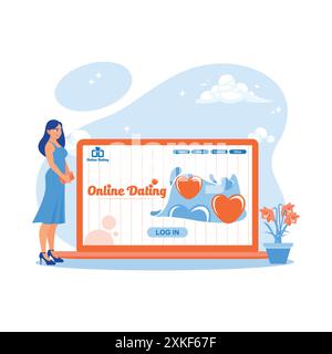 Eine junge Frau mit einem Smartphone besucht eine Online-Dating-Website über einen Laptop-Bildschirm. Bildschirmgrafiken werden erstellt. Online-Dating-Konzept. Trend modern Stock Vektor