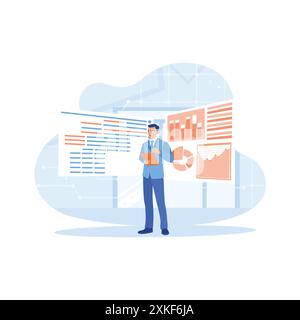 Geschäftsmann, der ein digitales Tablet im Büro hält. Entwicklung mobiler Anwendungen mit Binärdaten und Daten auf digitalen Tablet-Bildschirmen. APP-Entwickler-Konzept. Stock Vektor