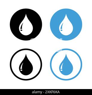 Wassertropfensymbol in Schwarz und Blau. Wassertropfensymbol auf glänzenden farbigen Kreisknöpfen, Logo. Wassertropfen im Kreis, Umrisse. Isoliert auf weiß. Stock Vektor