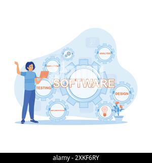 Computerexperten entwickeln Software und automatisieren Geschäftsprozesse in modernen Büros. Ich verwende einen Laptop und Technologie auf einem virtuellen Bildschirm. Software Stock Vektor