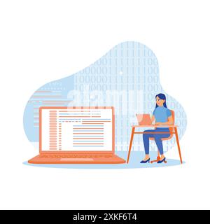 Geschäftsfrau, die vor Laptop in einem modernen Büro arbeitet. Verwenden eines Laptops zur Entwicklung von Software-Programmen. Konzept für Softwareentwickler. Trend Modern V Stock Vektor