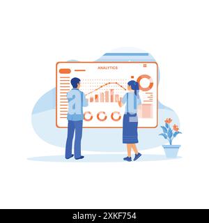 Makler und Finanzspezialisten stehen vor einem digitalen Bildschirm. Sie analysieren die Unternehmensfinanzen. Konzept der Finanzkontrolle. Trend Modern V Stock Vektor