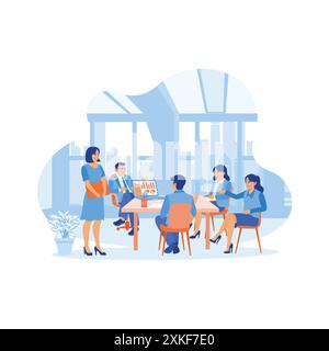 Verschiedene Geschäftsleute halten eine Besprechung im Büro ab. Arbeiten Sie im modernen Büro zusammen und diskutieren Sie miteinander während der Diskussionen. Stock Vektor