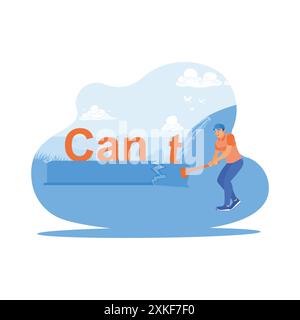 Ein erwachsener Mann ändert die Schrift auf der Brücke von CAN't in CAN't. Vom Konzept zum Erfolg. Selbstverbesserungskonzept. Trend Moderne Vektor-flache Illustration Stock Vektor