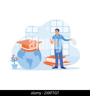 Studierende absolvierten ein Studium im Ausland. Internationales Konzept. Abschlusshut über Globus Karte. Bildungskonzept. Trend Moderne Vektorfl Stock Vektor