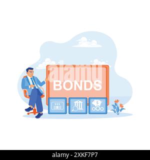 Geschäftsmann, der auf Stuhl sitzt, macht Anleiheanlagekonzept. Corporate Bond Banking Financial Market Management. Konzept der Finanzkontrolle. Trend Stock Vektor