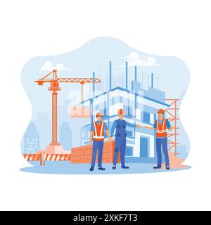 Das Bauteam arbeitet an einem Bauprojekt. Der Auftragnehmer und das Arbeitsteam besprechen und bewerten den Bauprozess auf der Baustelle. Stock Vektor