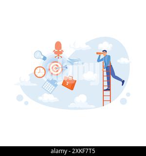 Ein Geschäftsmann, der auf einer Treppe steht und mit einem Teleskop in die Ferne blickt. Business-Ikonen schweben in der Luft. Karriereentwicklungskonzept. Tren Stock Vektor