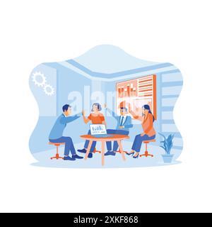 Arbeitsteam, das während der Besprechung in einem modernen Büro einen Laptop verwendet. Feiern Sie Erfolge und heben Sie sich gegenseitig die Hände. Das Konzept wird gefeiert. Trend moderner Vektor-fla Stock Vektor